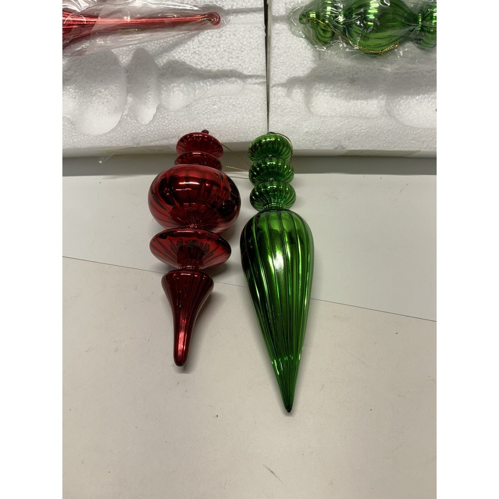 Set Of Six Each Red&Green Mercury Glass Finial Ornaments By Valerie, New no box